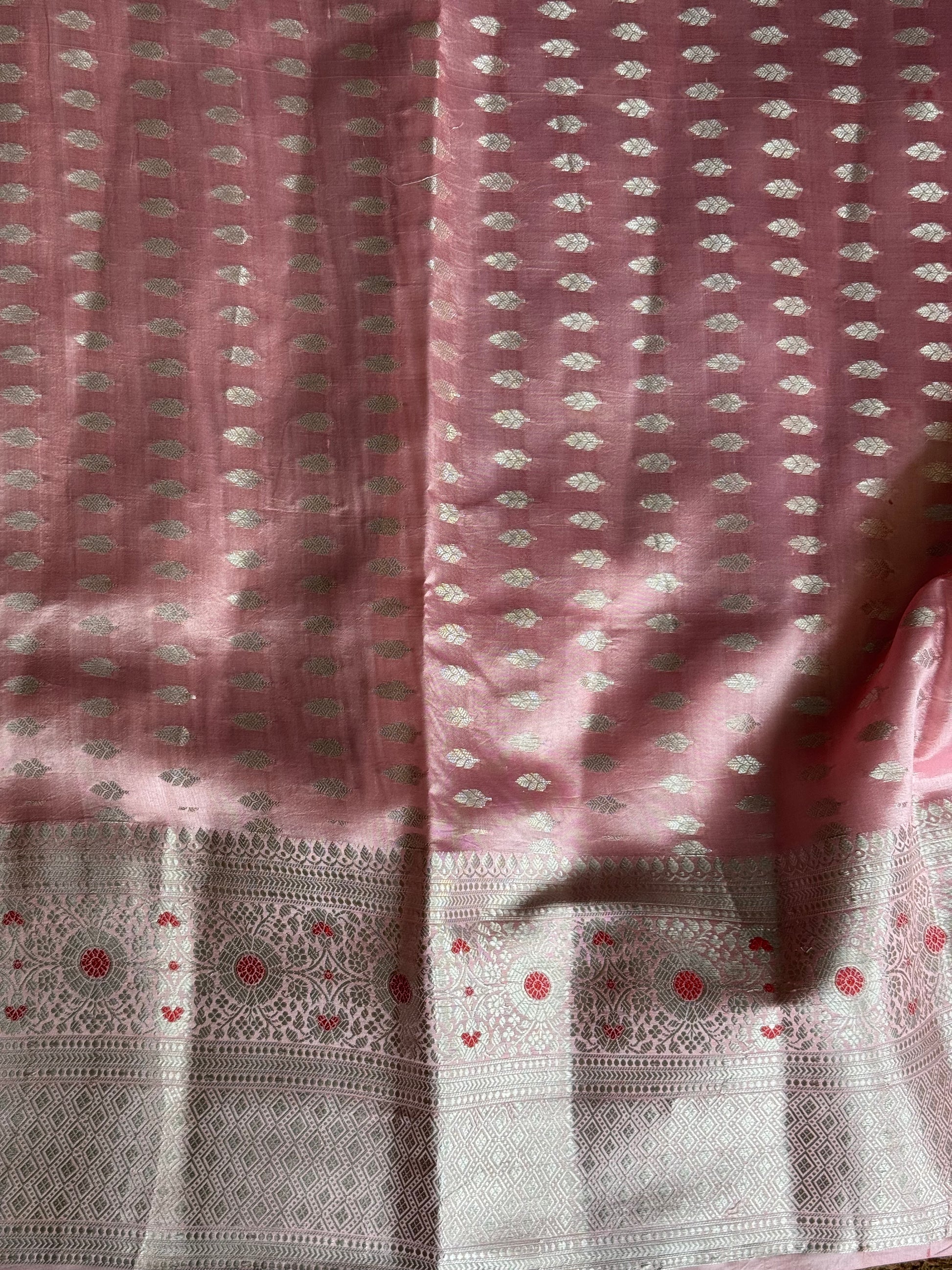 Chiniya Silk Saree Peach Colored Elegantly Paired With  Zari Border - Sampradaya Designer Studio