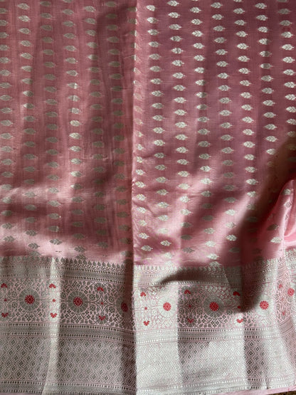 Chiniya Silk Saree Peach Colored Elegantly Paired With  Zari Border - Sampradaya Designer Studio