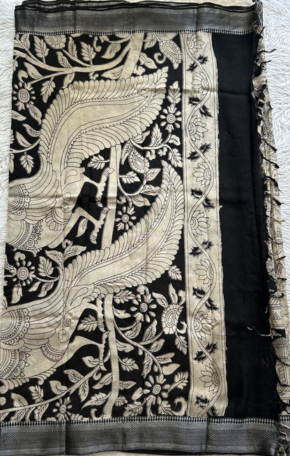 Mangalagiri Pen Kalamkari Saree Beige colored complemented with a Black Colored Zari border - Sampradaya Designer Studio