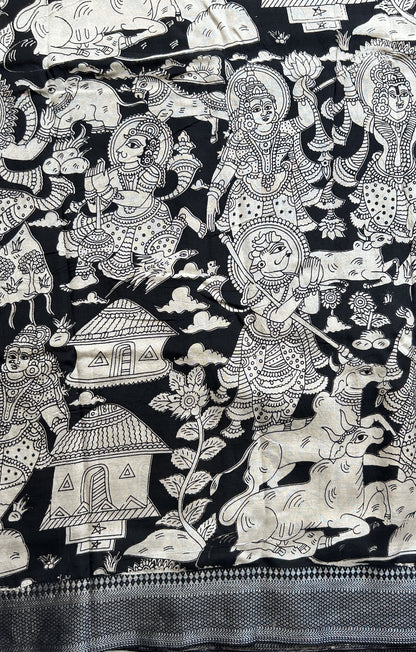 Mangalagiri Pen Kalamkari Saree Beige colored complemented with a Black Colored Zari border - Sampradaya Designer Studio