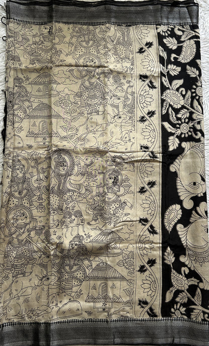 Mangalagiri Pen Kalamkari Saree Beige colored complemented with a Black Colored Zari border - Sampradaya Designer Studio