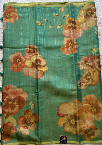 Banarasi Tissue Fancy Saree Rama Green Colored Paired with a Borderless. - Sampradaya Designer Studio