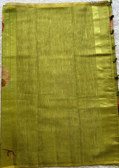 Banarasi Tissue Fancy Saree Parrot Green Colored Paired with a Borderless. - Sampradaya Designer Studio