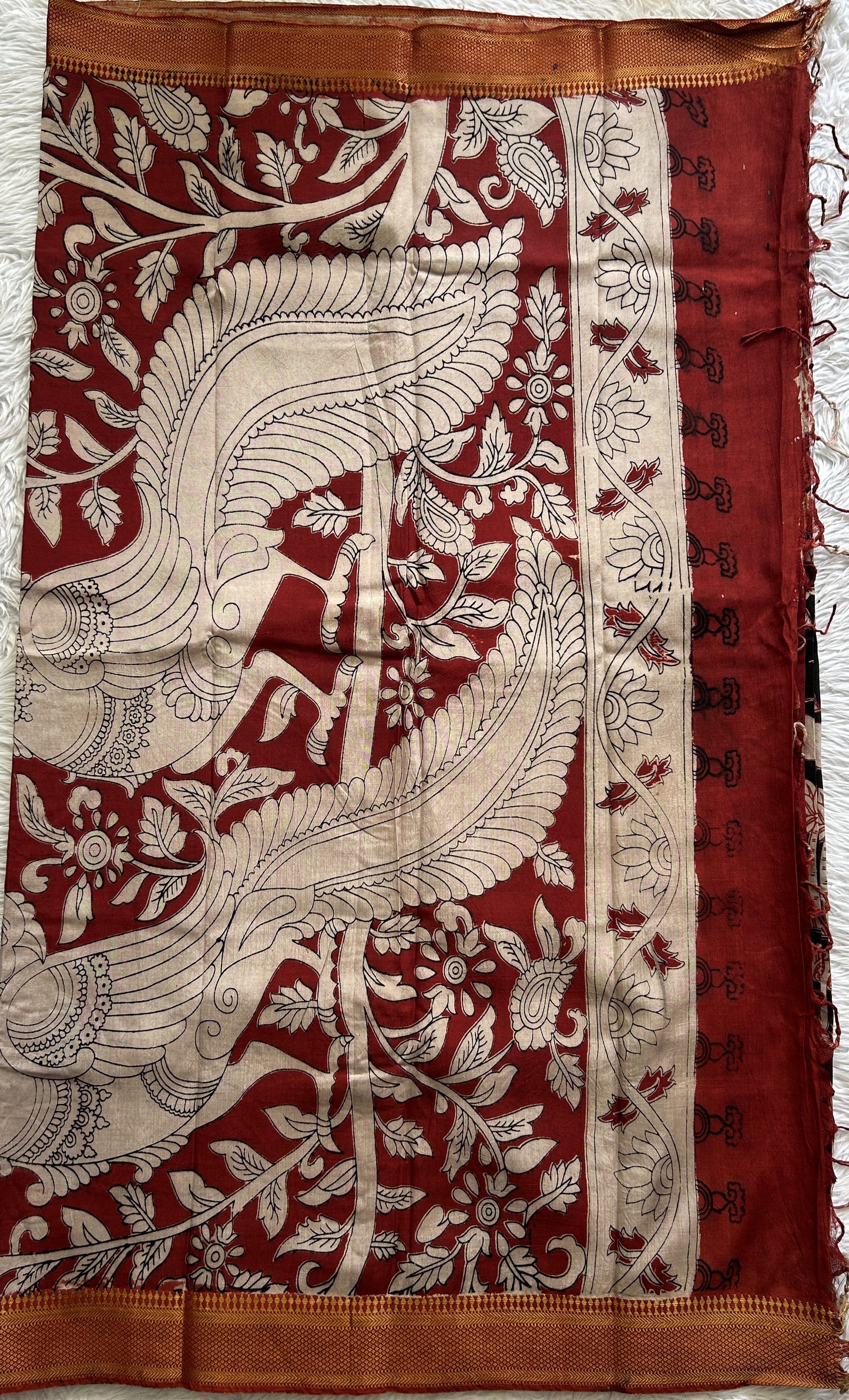 Mangalagiri Pen Kalamkari Saree Black colored complemented with a Zari border - Sampradaya Designer Studio