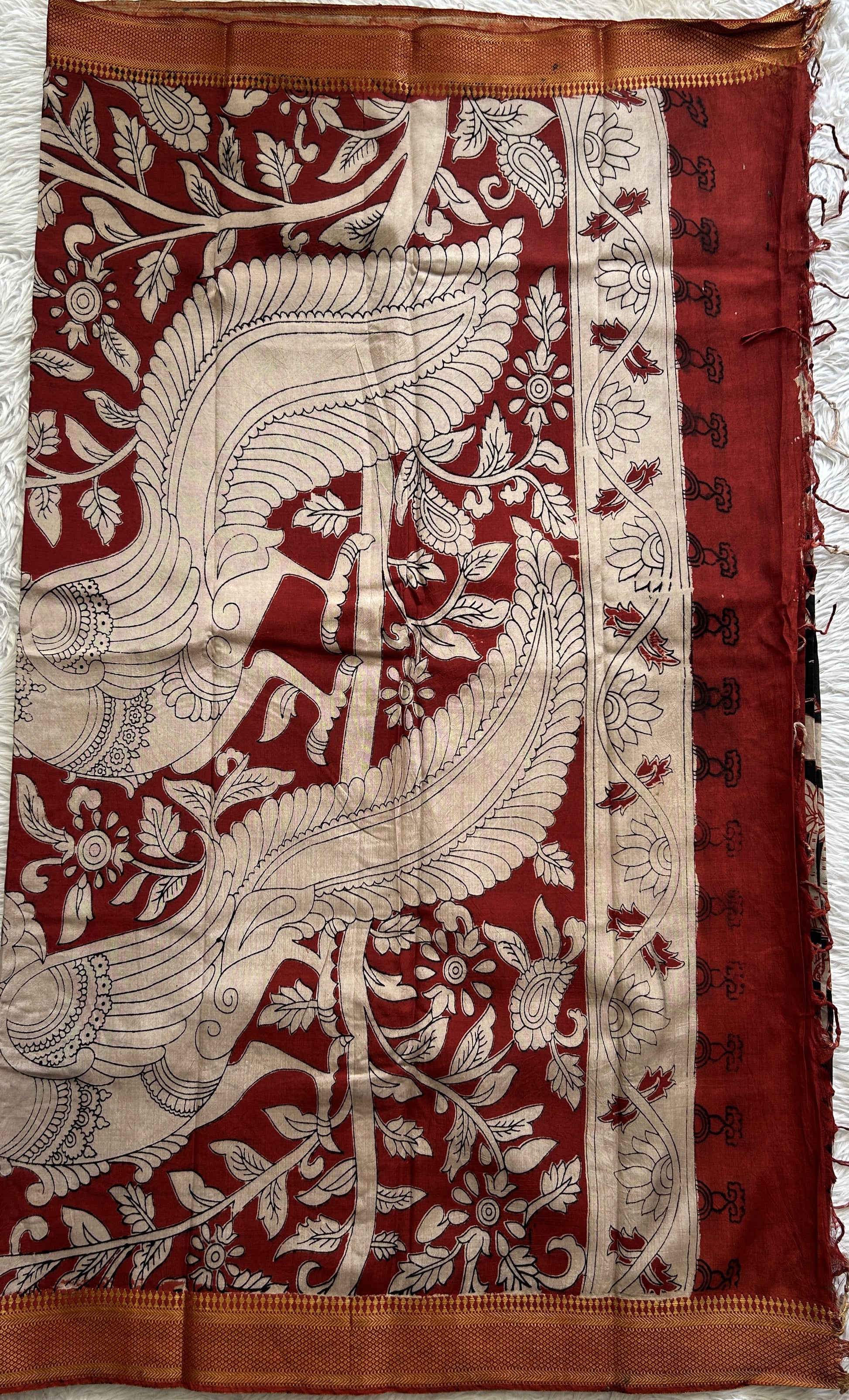 Mangalagiri Pen Kalamkari Saree Black colored complemented with a Zari border - Sampradaya Designer Studio