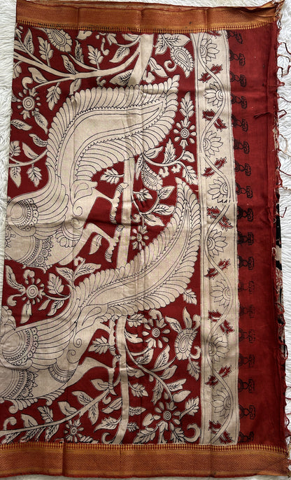 Mangalagiri Pen Kalamkari Saree Black colored complemented with a Zari border - Sampradaya Designer Studio