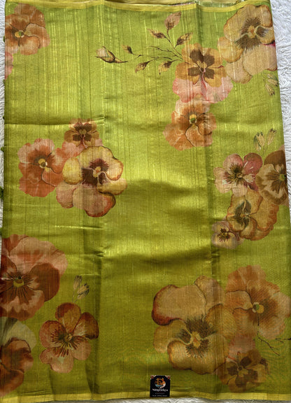 Banarasi Tissue Fancy Saree Parrot Green Colored Paired with a Borderless. - Sampradaya Designer Studio