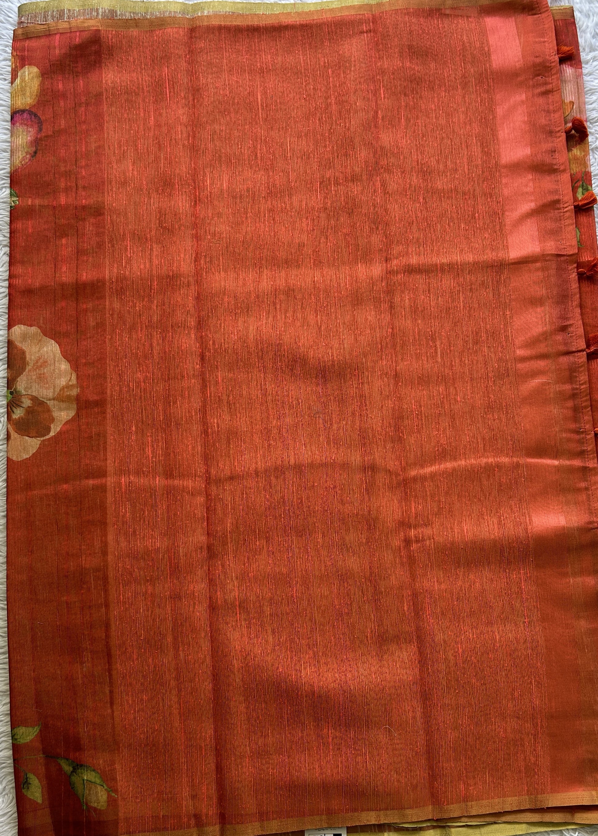 Banarasi Tissue Fancy Saree Dark Orange Colored Paired with a Borderless. - Sampradaya Designer Studio
