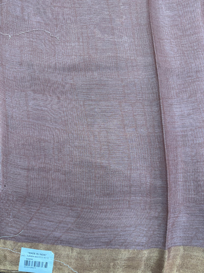 Pure Chiniya Silk Saree Brown Colored Elegantly Paired with a Gold Zari Border.