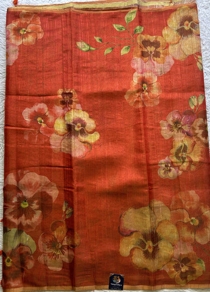 Banarasi Tissue Fancy Saree Dark Orange Colored Paired with a Borderless. - Sampradaya Designer Studio