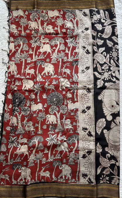 Mangalagiri Pen Kalamkari Saree Maroon colored complemented with a Zari border - Sampradaya Designer Studio