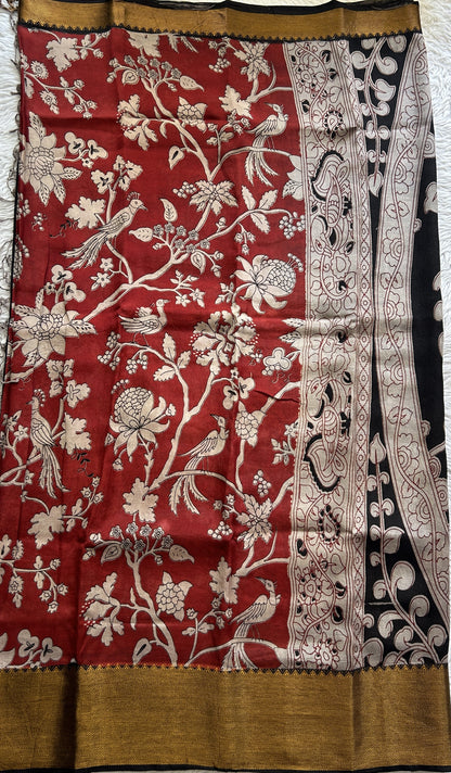 Mangalagiri Pen Kalamkari Saree Maroon colored complemented with a Black Color Zari border - Sampradaya Designer Studio