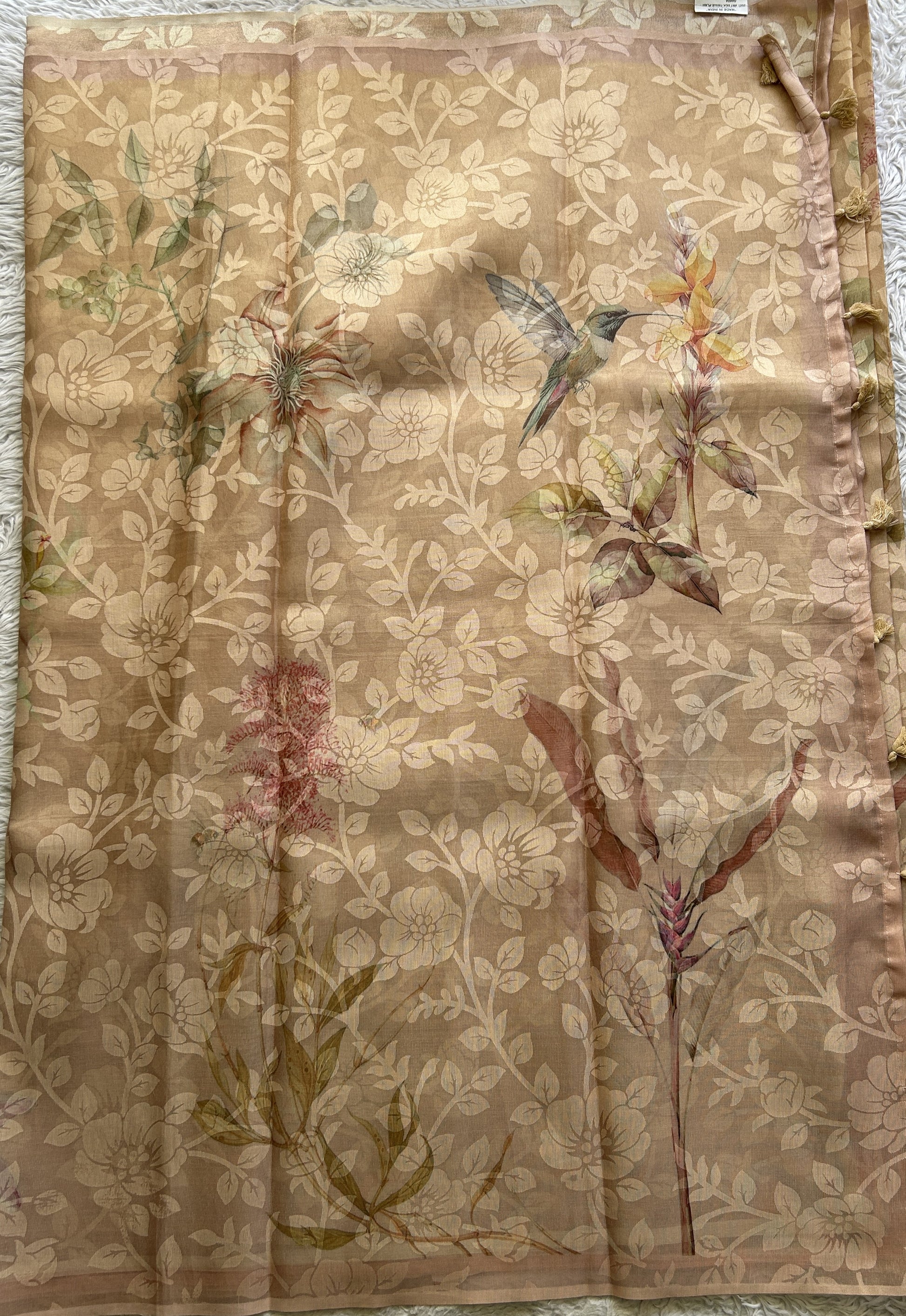 Banarasi Tissue Fancy Saree Light Peach Colored Paired with a Borderless. - Sampradaya Designer Studio