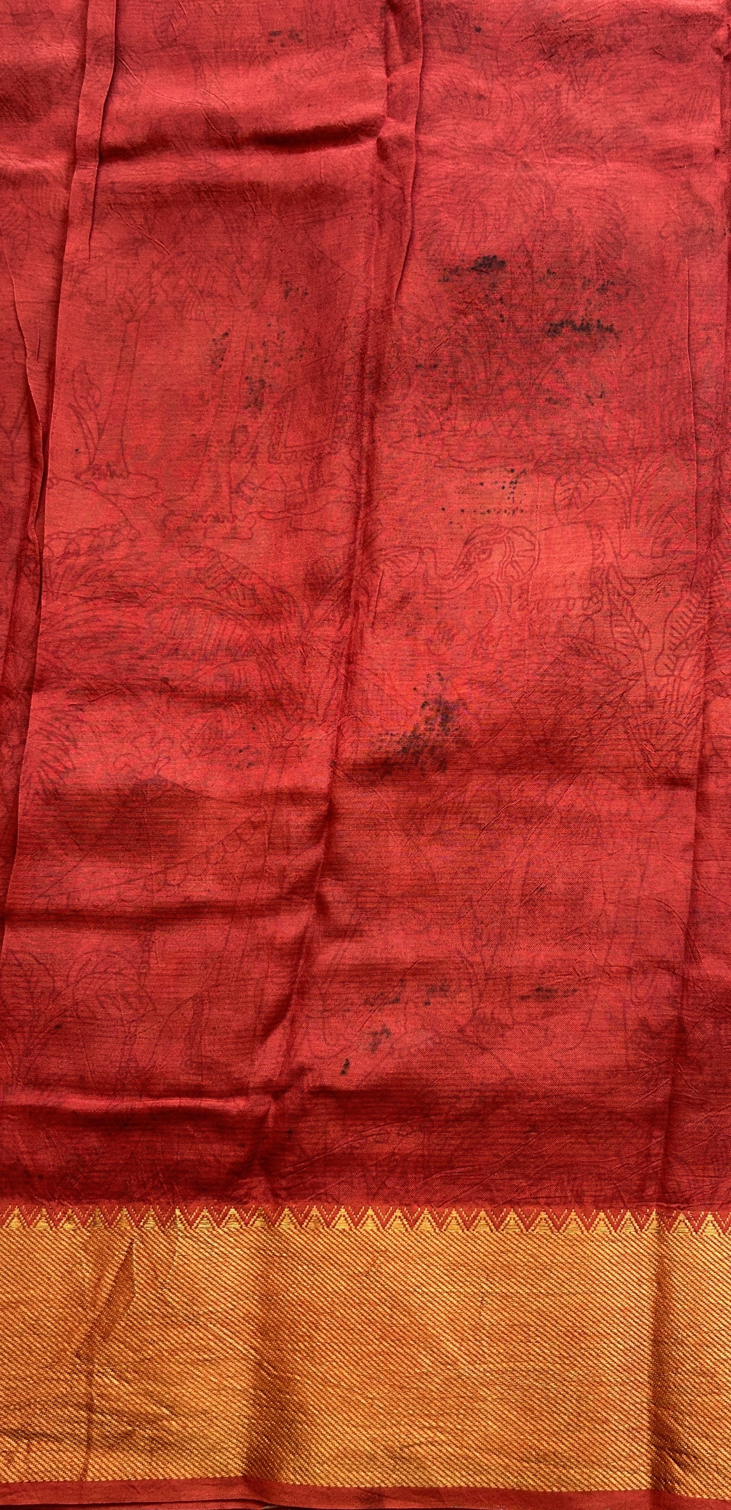 Mangalagiri Pen Kalamkari Saree Black colored complemented with a Maroon Colored Zari border - Sampradaya Designer Studio