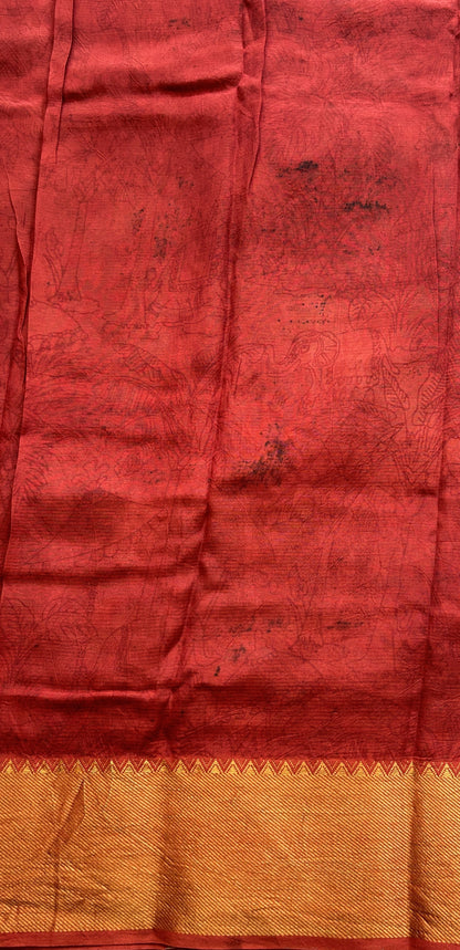 Mangalagiri Pen Kalamkari Saree Black colored complemented with a Maroon Colored Zari border - Sampradaya Designer Studio