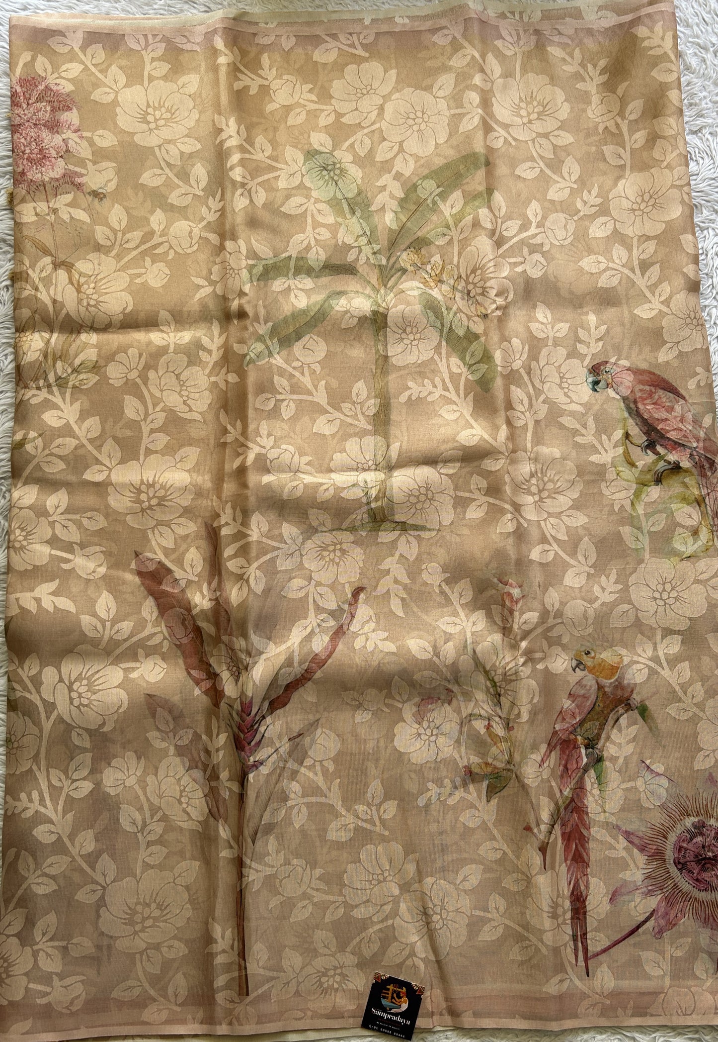 Banarasi Tissue Fancy Saree Light Peach Colored Paired with a Borderless. - Sampradaya Designer Studio