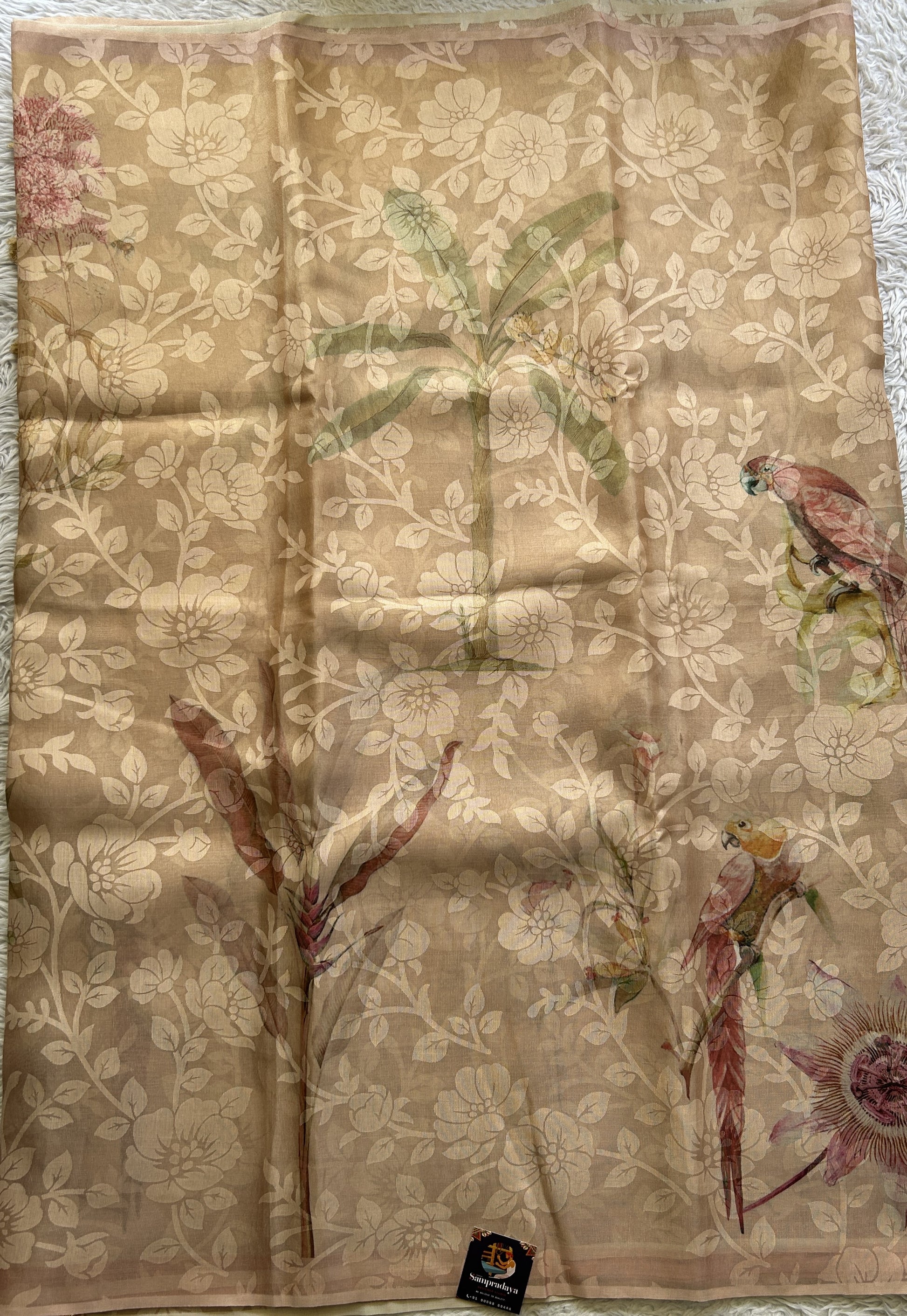 Banarasi Tissue Fancy Saree Light Peach Colored Paired with a Borderless. - Sampradaya Designer Studio