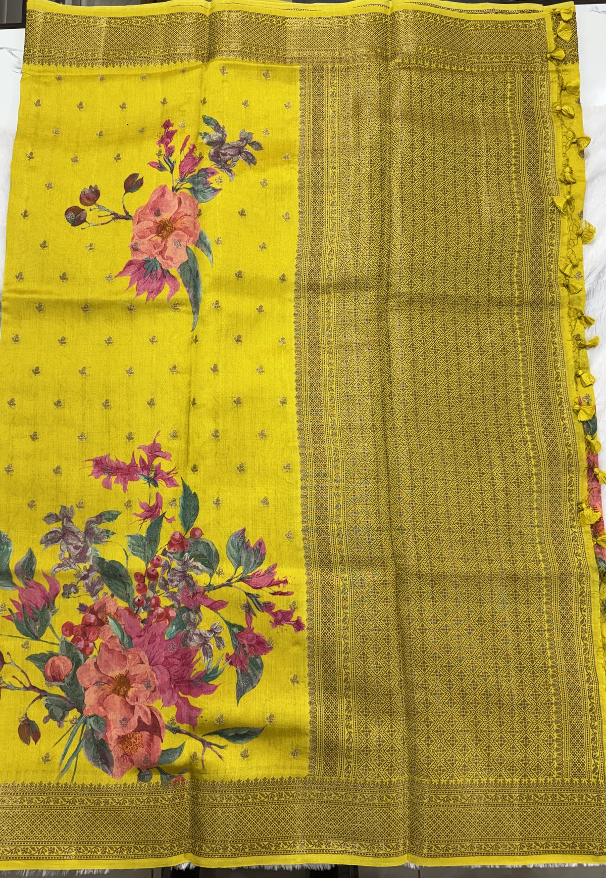 Pure Chiniya Silk Saree Yellow Colored Elegantly Paired with a Gold Zari Border.