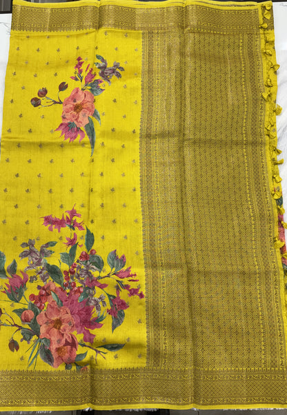 Pure Chiniya Silk Saree Yellow Colored Elegantly Paired with a Gold Zari Border.