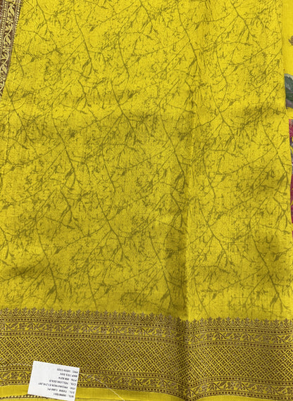 Pure Chiniya Silk Saree Yellow Colored Elegantly Paired with a Gold Zari Border.