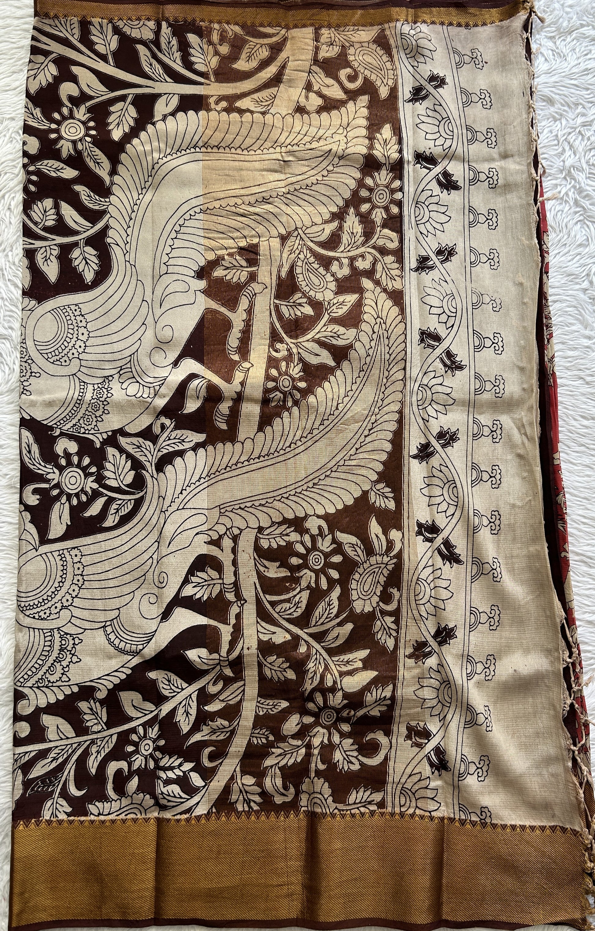 Mangalagiri Pen Kalamkari Saree Persian colored complemented with a Brown Colored Zari border - Sampradaya Designer Studio