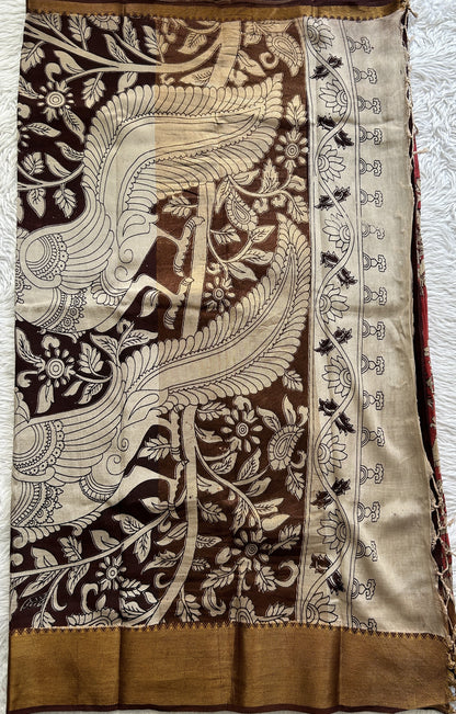 Mangalagiri Pen Kalamkari Saree Persian colored complemented with a Brown Colored Zari border - Sampradaya Designer Studio