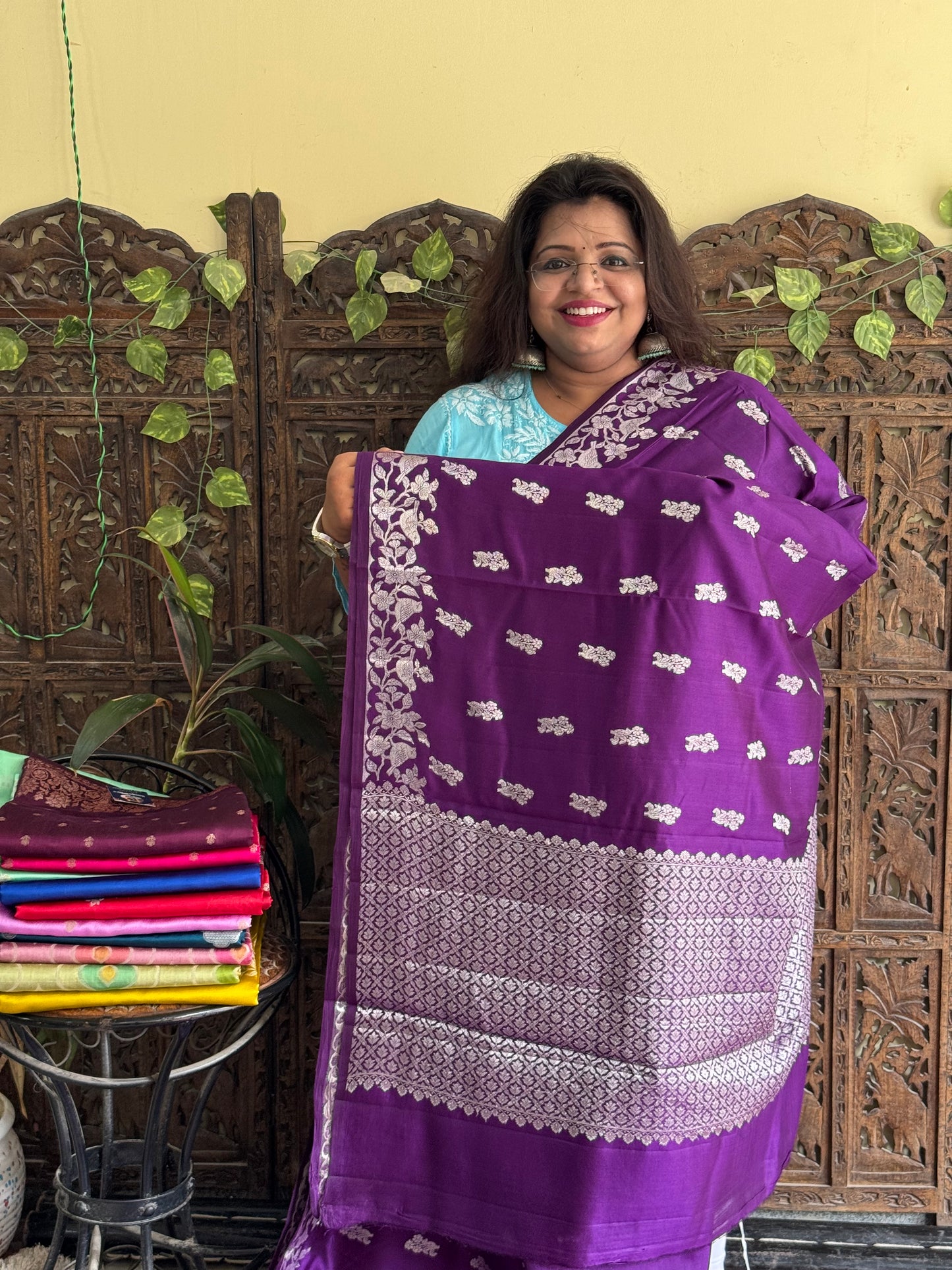 Chiniya Silk Saree Purple Colored Elegantly Paired With a Zari Border - Sampradaya Designer Studio