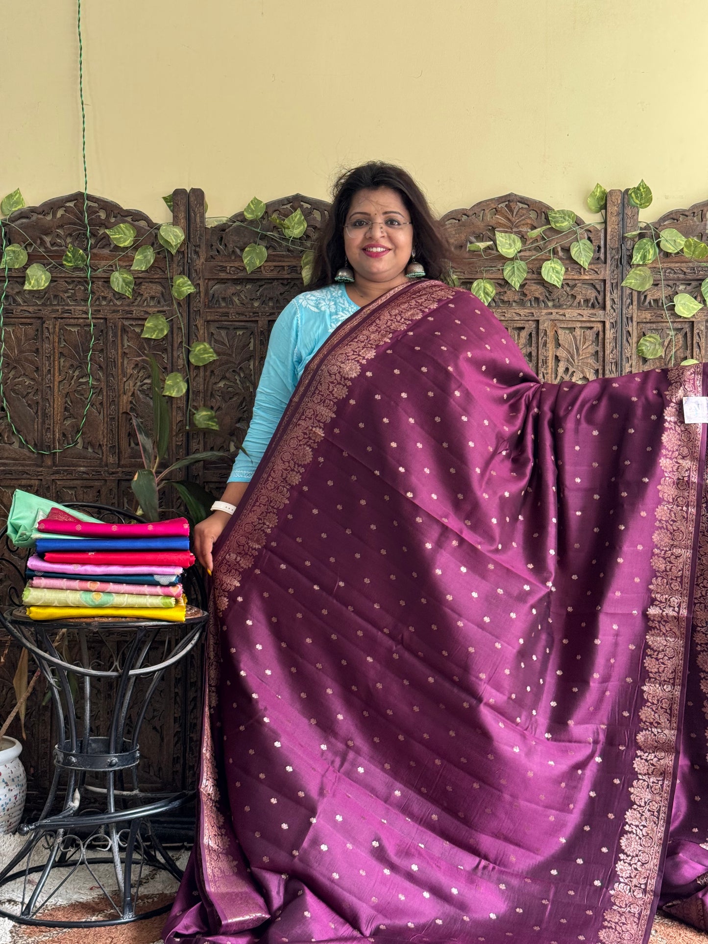 Chiniya Silk Saree Wine Colored Elegantly Paired With a Zari Border - Sampradaya Designer Studio