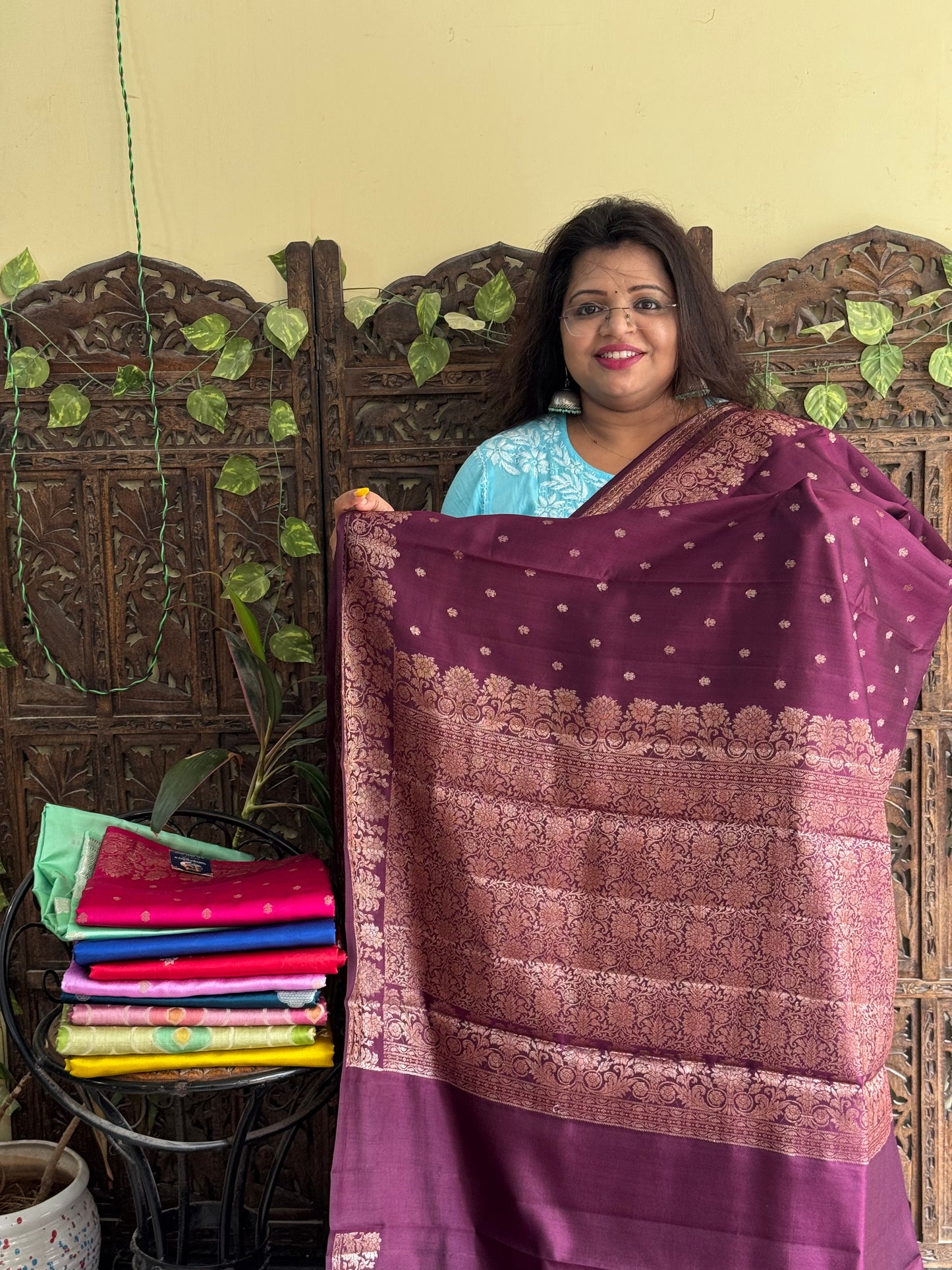Chiniya Silk Saree Wine Colored Elegantly Paired With a Zari Border - Sampradaya Designer Studio