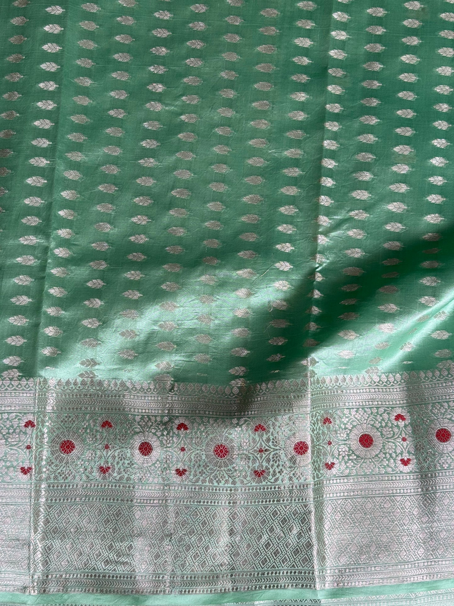 Chiniya Silk Saree Pastel Green Colored Elegantly Paired With Zari Border - Sampradaya Designer Studio