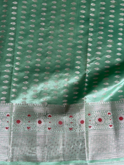 Chiniya Silk Saree Pastel Green Colored Elegantly Paired With Zari Border - Sampradaya Designer Studio