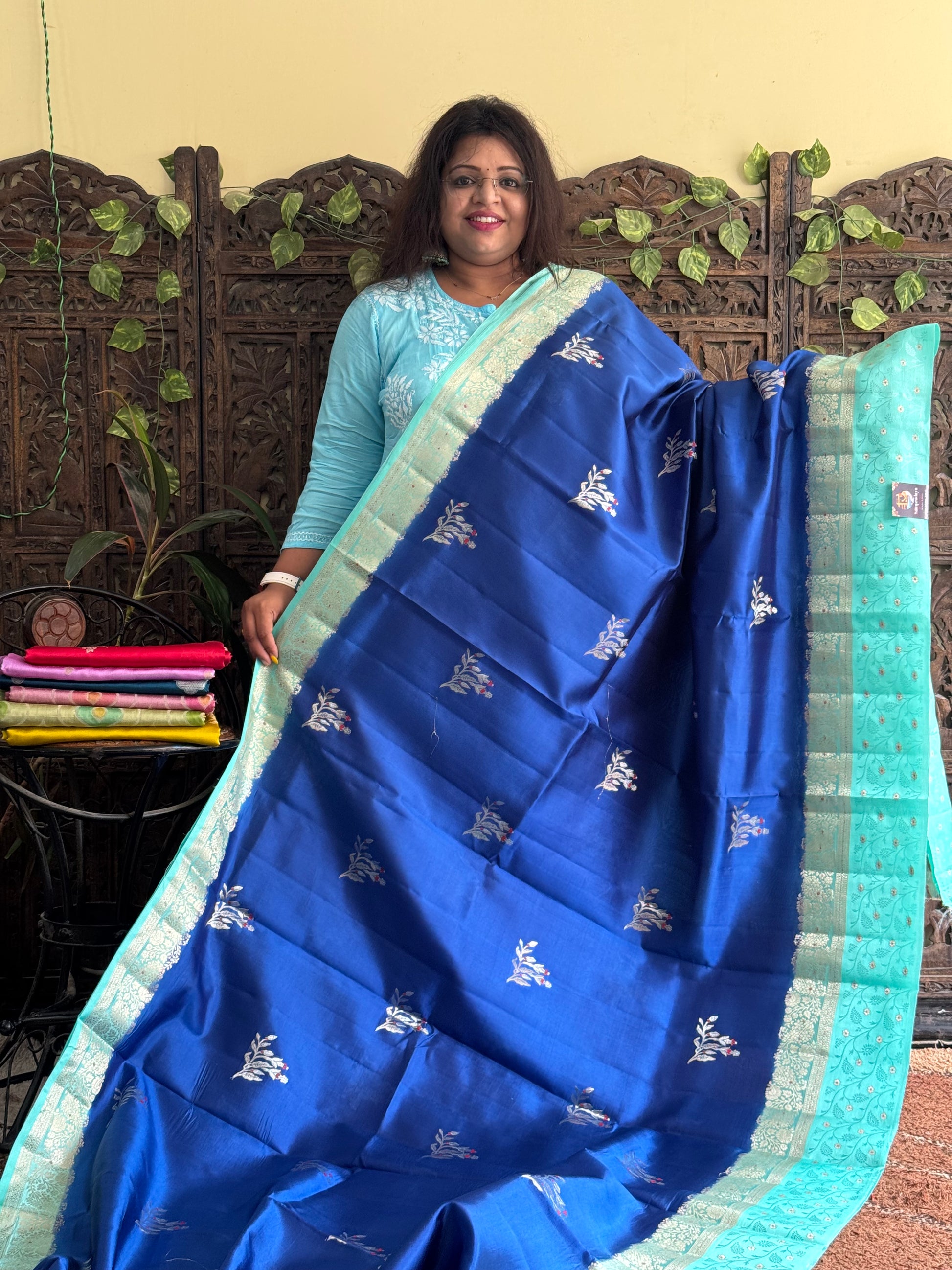 Chiniya Silk Saree Blue Colored Elegantly Paired With a Zari Border - Sampradaya Designer Studio