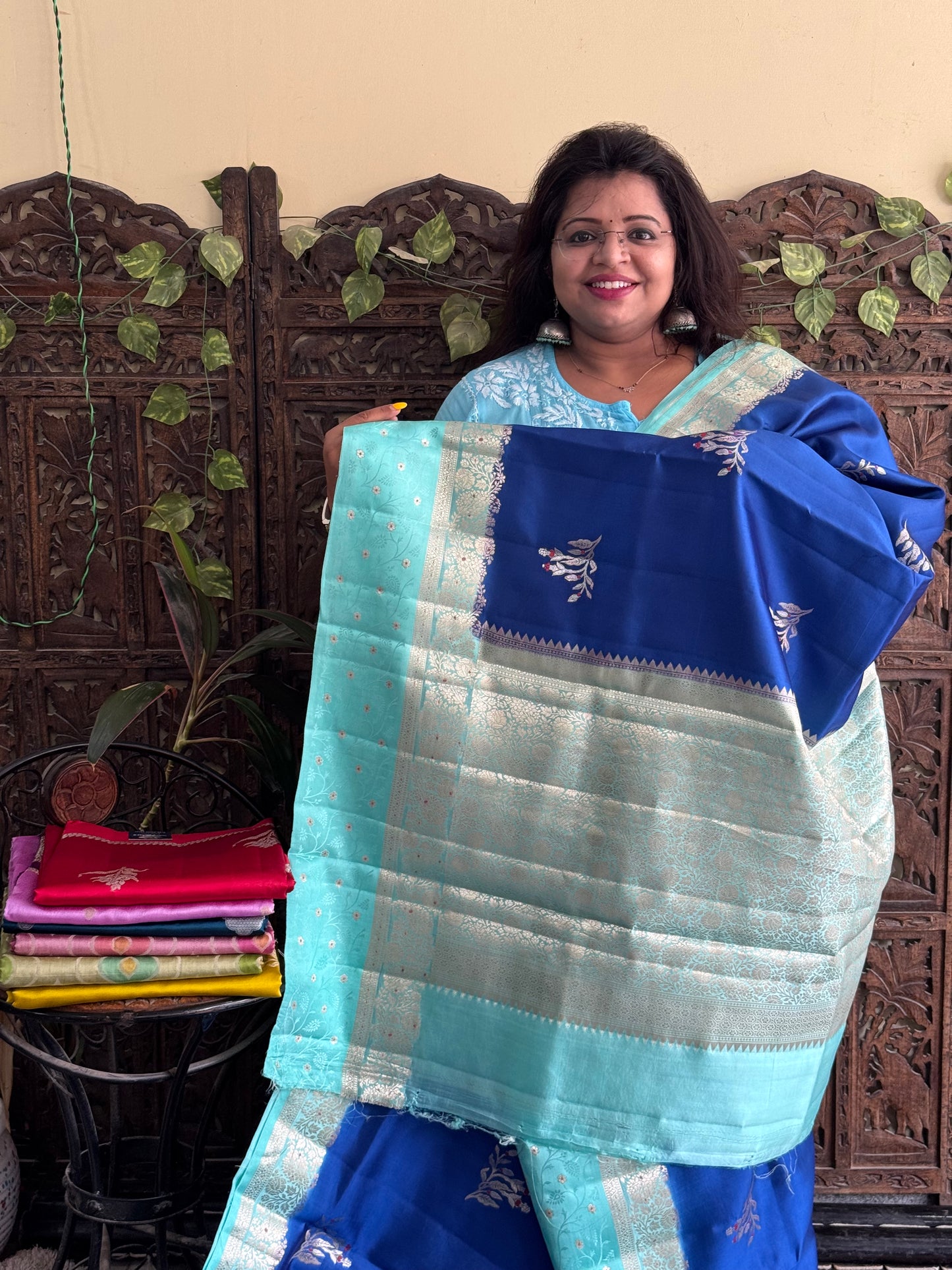Chiniya Silk Saree Blue Colored Elegantly Paired With a Zari Border - Sampradaya Designer Studio