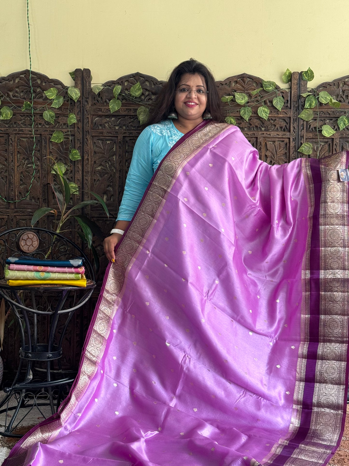 Chiniya Silk Saree Lilac Colored Elegantly Paired With Zari Border - Sampradaya Designer Studio