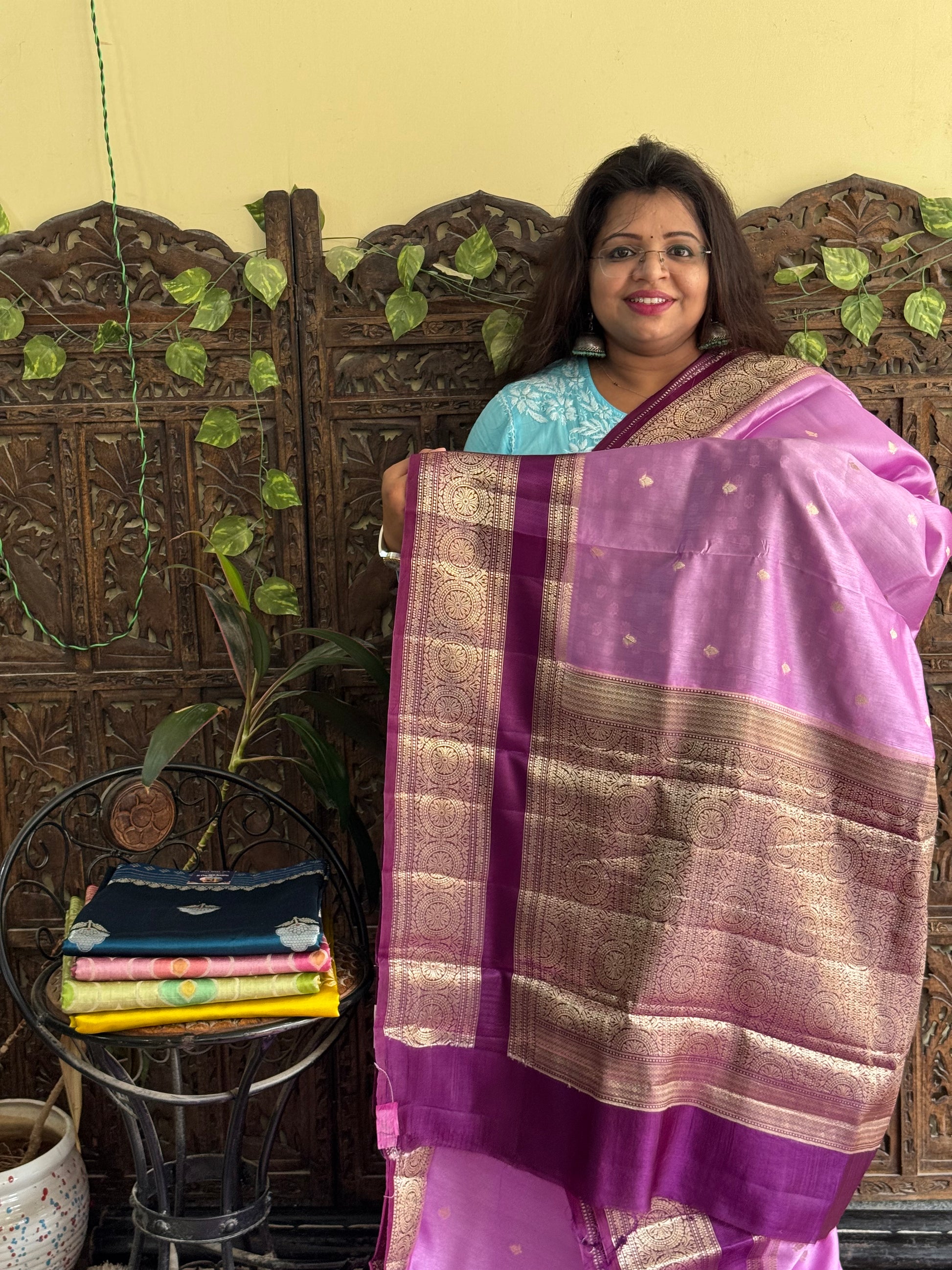 Chiniya Silk Saree Lilac Colored Elegantly Paired With Zari Border - Sampradaya Designer Studio