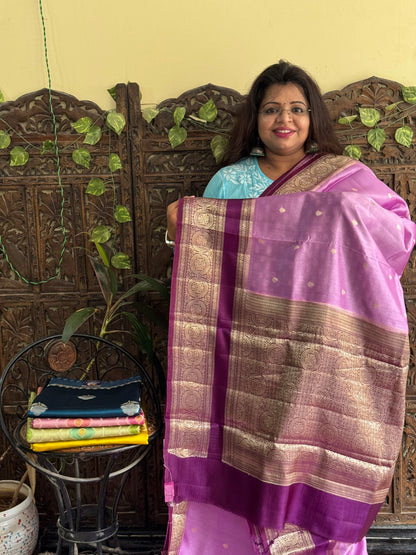 Chiniya Silk Saree Lilac Colored Elegantly Paired With Zari Border - Sampradaya Designer Studio