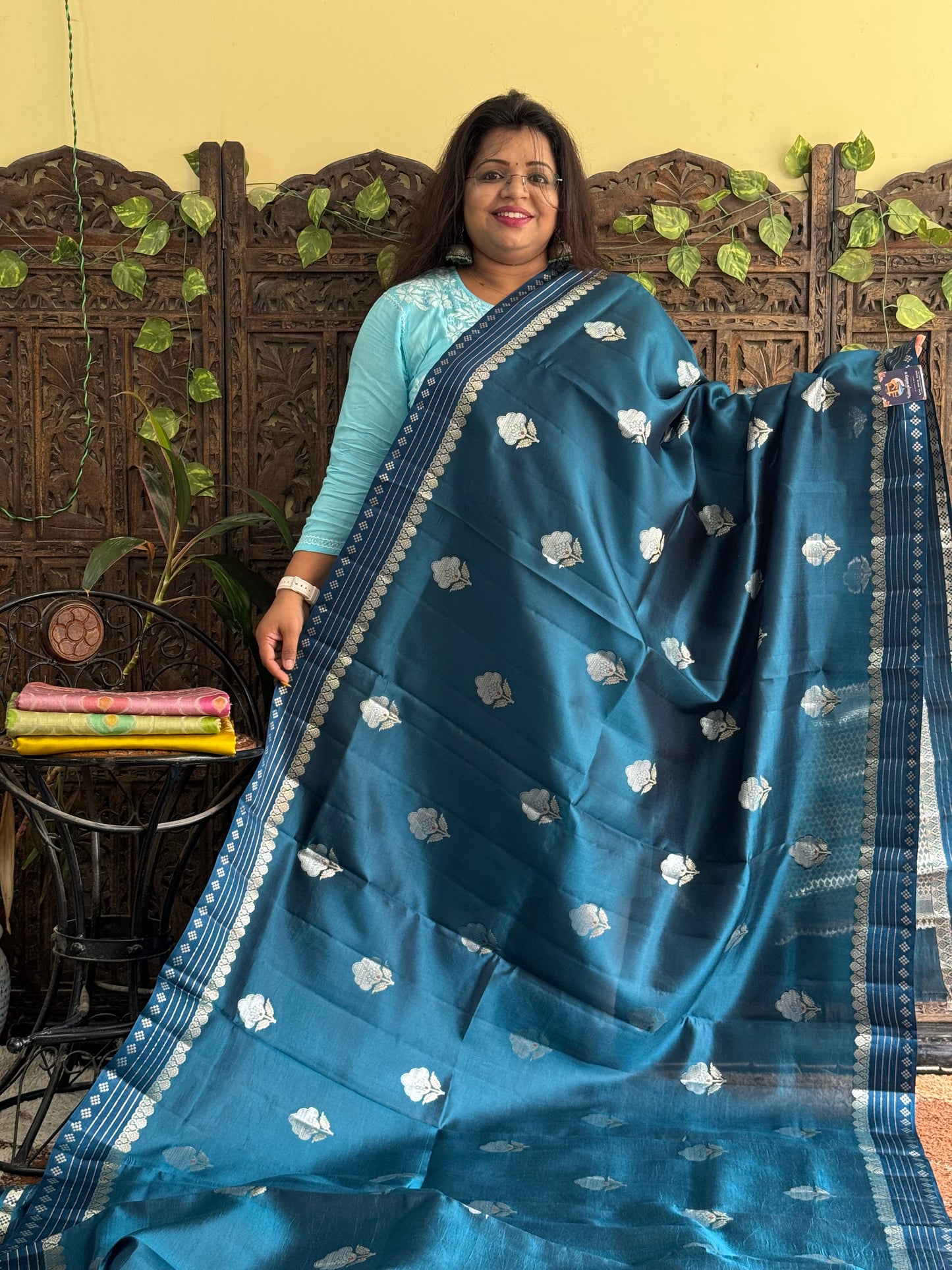 Chiniya Silk Saree Peacock Blue Colored Elegantly Paired With Zari Border - Sampradaya Designer Studio