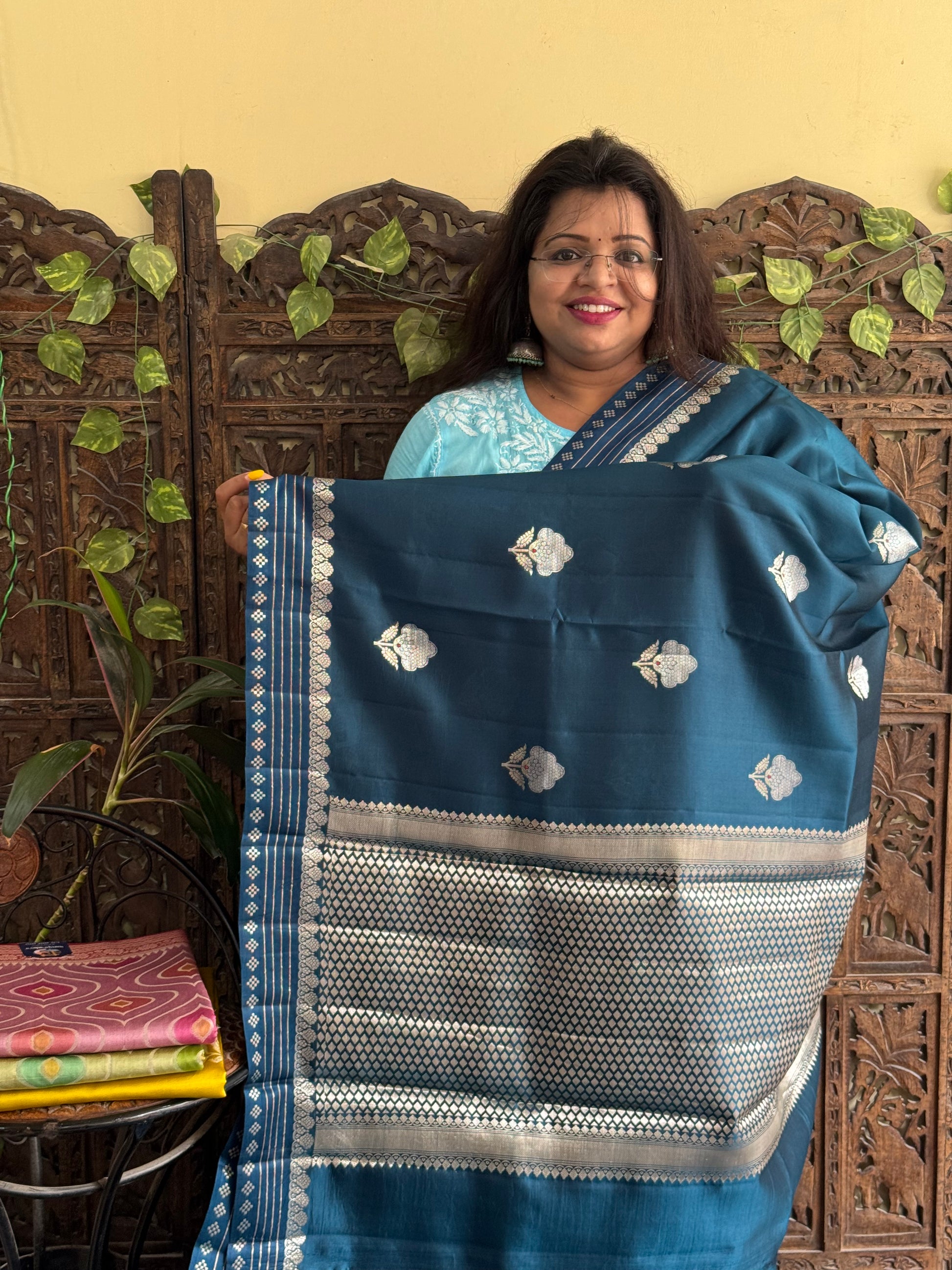 Chiniya Silk Saree Peacock Blue Colored Elegantly Paired With Zari Border - Sampradaya Designer Studio