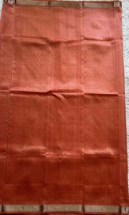 Mangalagiri Plain Pattu Saree Peach colored complemented with a Zari Border - Sampradaya Designer Studio