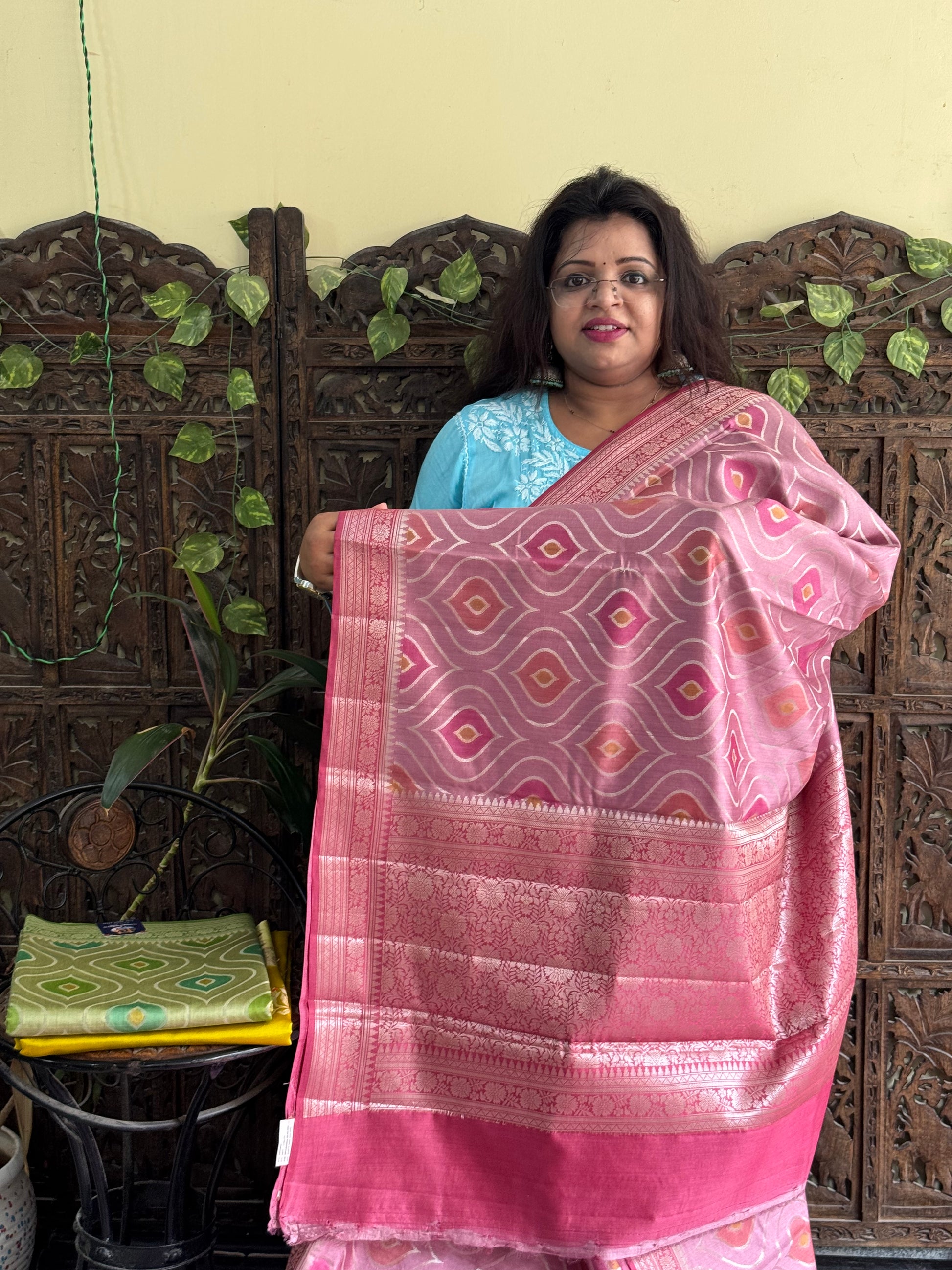 Chiniya Silk Saree Onion Pink Colored Elegantly Paired With a Zari Border - Sampradaya Designer Studio