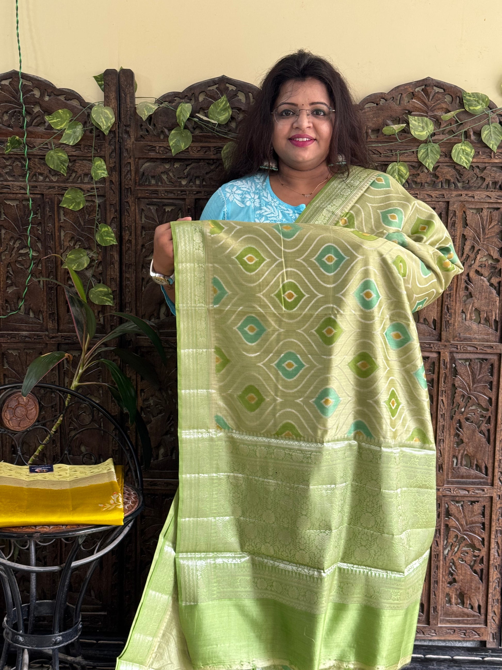 Chiniya Silk Saree Light Green Colored Elegantly Paired With a Zari Border - Sampradaya Designer Studio