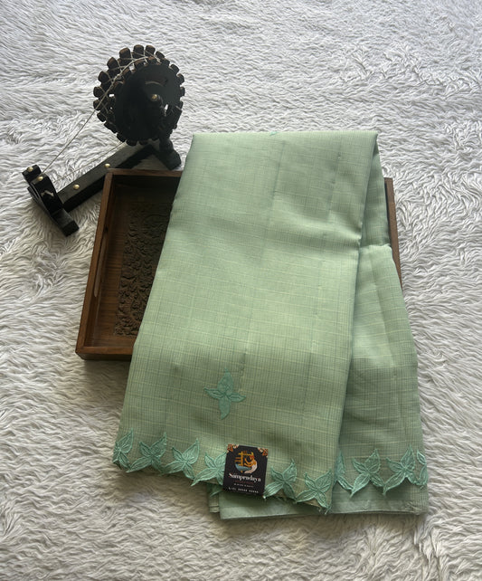 Silk kota Saree Mint colored Complemented with a Applique Border. - Sampradaya Designer Studio