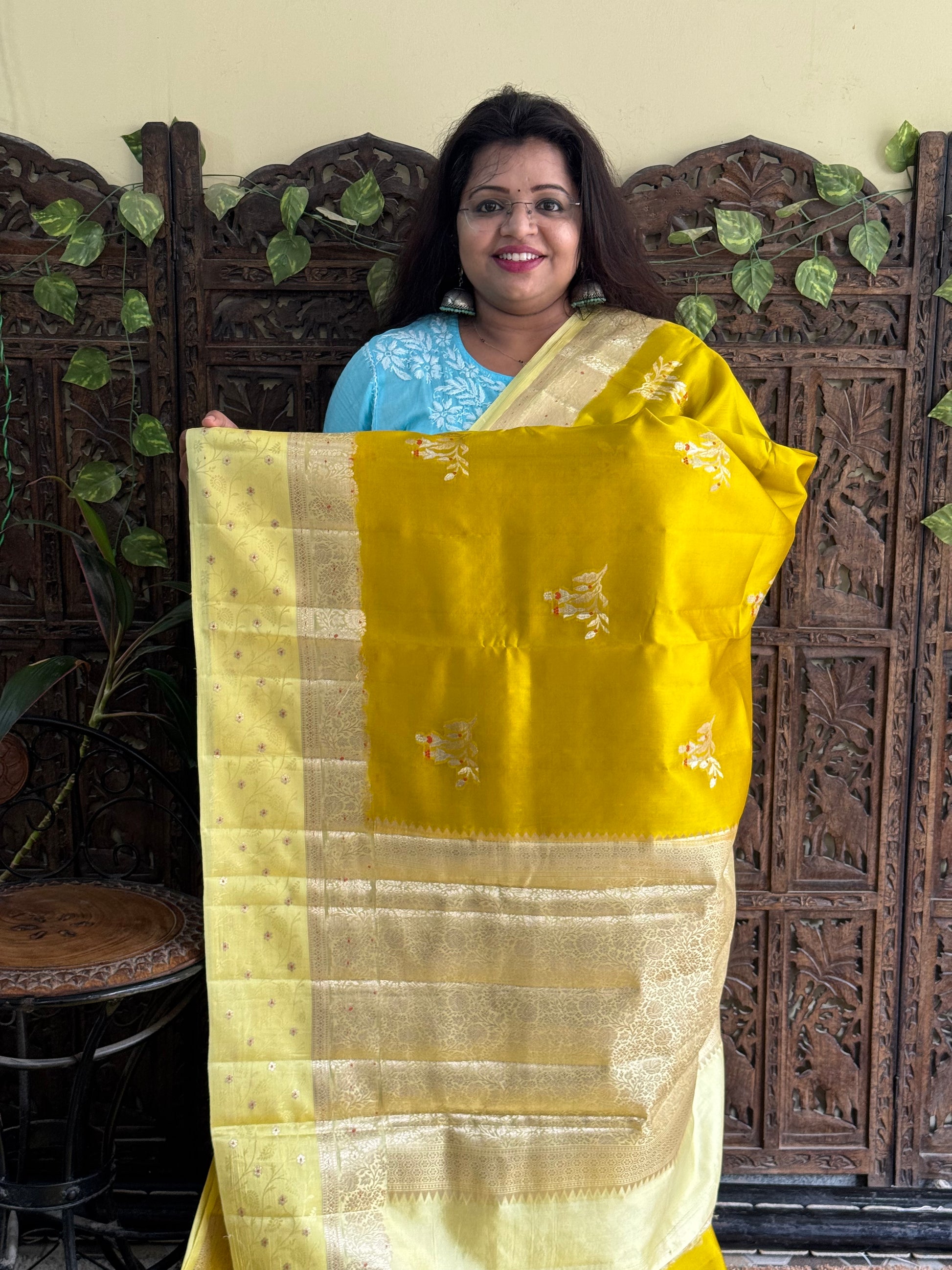 Chiniya Silk Saree Yellow Colored Elegantly Paired With a Zari Border - Sampradaya Designer Studio