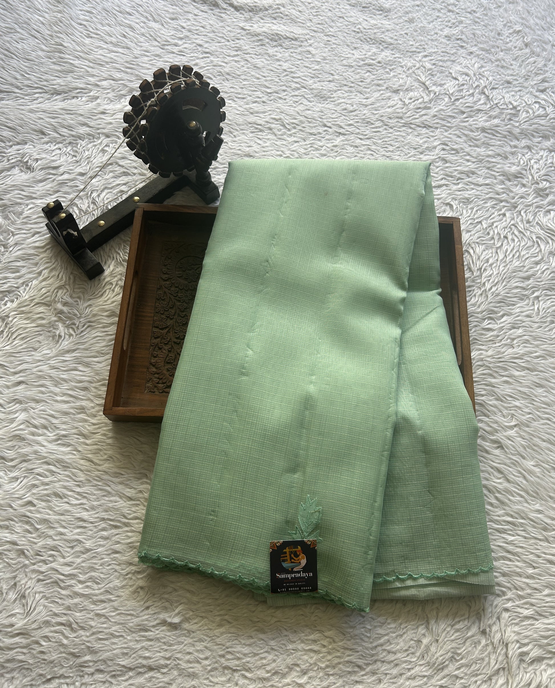 Silk kota Saree Light Mint colored Elegantly Paired with a Scallop Border. - Sampradaya Designer Studio