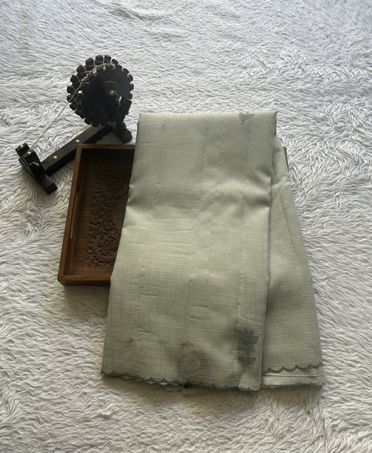 Silk kota Saree Ash colored Elegantly Paired with a Scallop Border. - Sampradaya Designer Studio