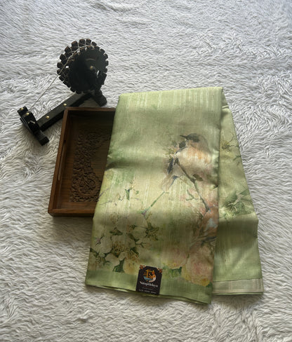 Semi Tussar Saree Light Green Colored Elegantly Paired with a Borderless. - Sampradaya Designer Studio