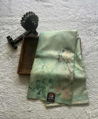Semi Tussar Saree Sea Green Colored Elegantly Paired with a Borderless. - Sampradaya Designer Studio