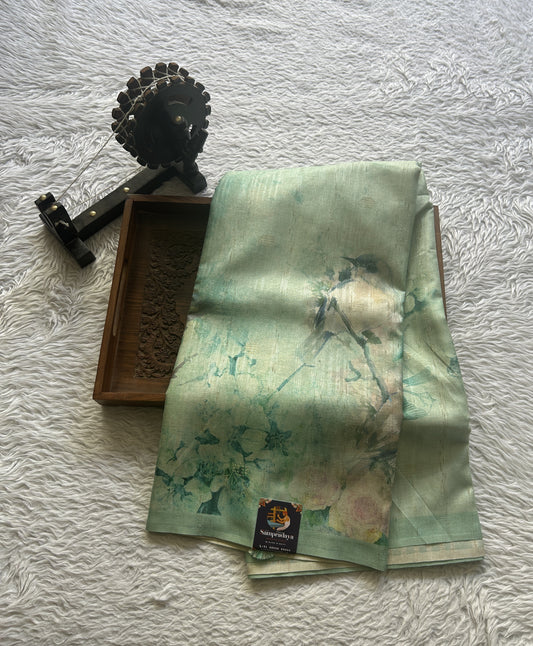Semi Tussar Saree Sea Green Colored Elegantly Paired with a Borderless. - Sampradaya Designer Studio
