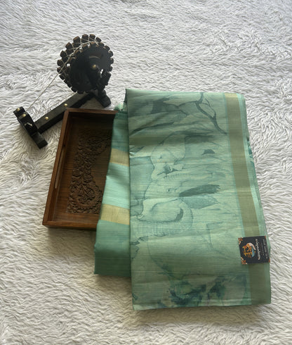 Semi Tussar Saree Aqua Blue Colored Elegantly Paired with a Zari Border. - Sampradaya Designer Studio