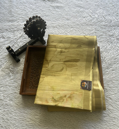 Semi Tussar Saree Light Yellow Colored Elegantly Paired with a Zari Border. - Sampradaya Designer Studio